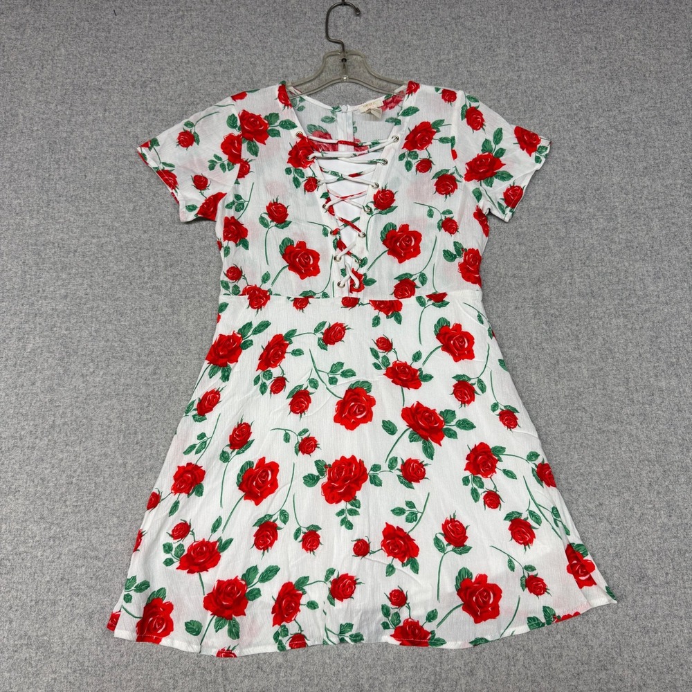 Forever 21 Girls Lace Up Floral Romper Dress Size 11/12 White Red Rose Print